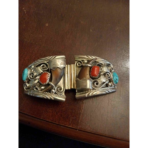 None Other - Navajo Native American sterling silver bear claw turquoise coral watch band vint